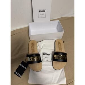 Moschino Shoes Womens Size 10 -41 Black Leather Gold Logo Slide Sandals Italy